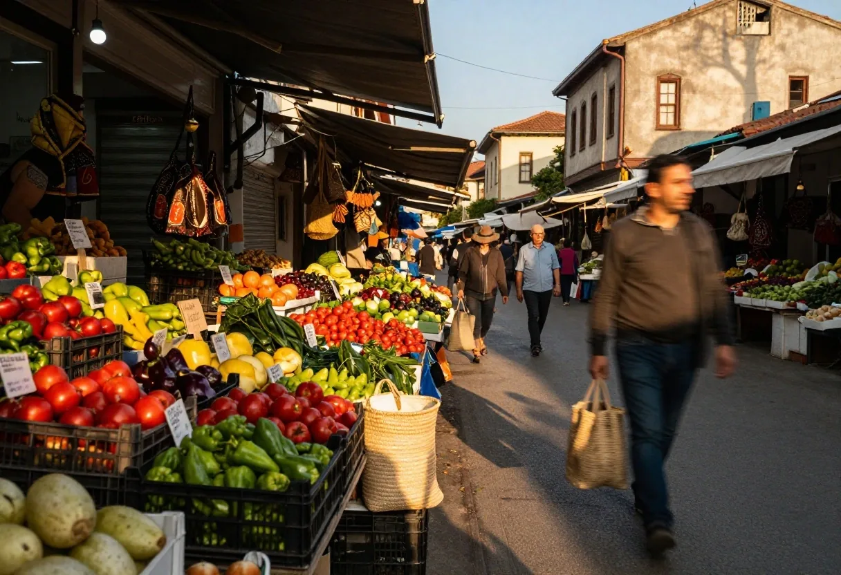 Akşamüstü semt pazarında sebze tezgahları